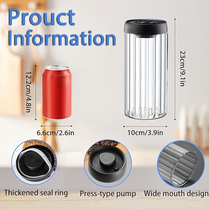 Vacuum Coffee Canister,2PCS 61FLOZ Borosilicate Glass Jar with Spare Airtight lid, Label and Brush, Coffee Bean Storage for Coffee Beans & Grounds Coffee(Clear Glass)