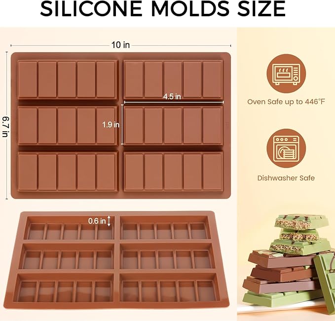 Deep Silicone Chocolate Bar Mold 2-Pack Break-Apart Design with 5 Snap Sections for Pistachio, Middle Eastern Desserts & Custom Candy Bars - Non-Stick, Food-Grade, Reusable Baking Molds