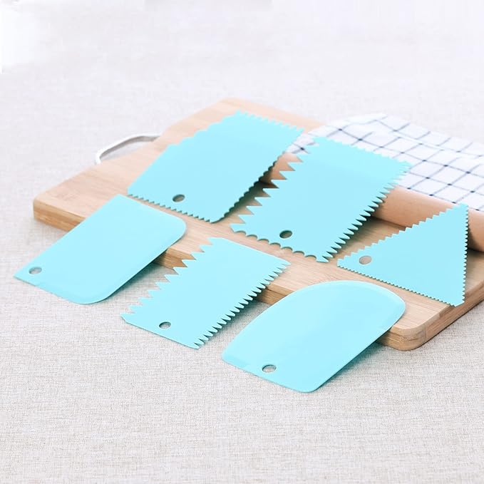 6pcs Cake Scraper Decorating Comb and Icing Smoother Reusable Bread Cream Pizza Cutter-Blue
