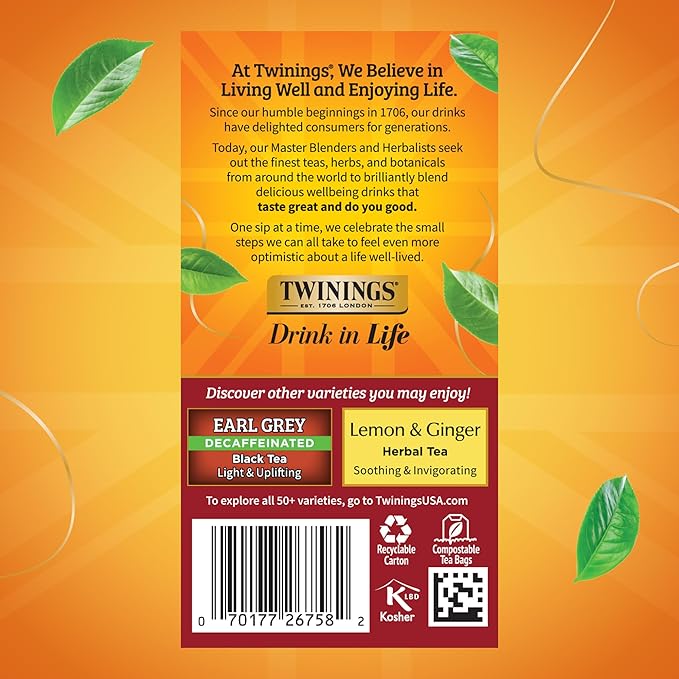 Twinings Decaffeinated Chai Individually Wrapped Bags, 20 Count (Pack of 6), Sweet, Savoury Spices, Enjoy Hot or Iced, 120 Teabags