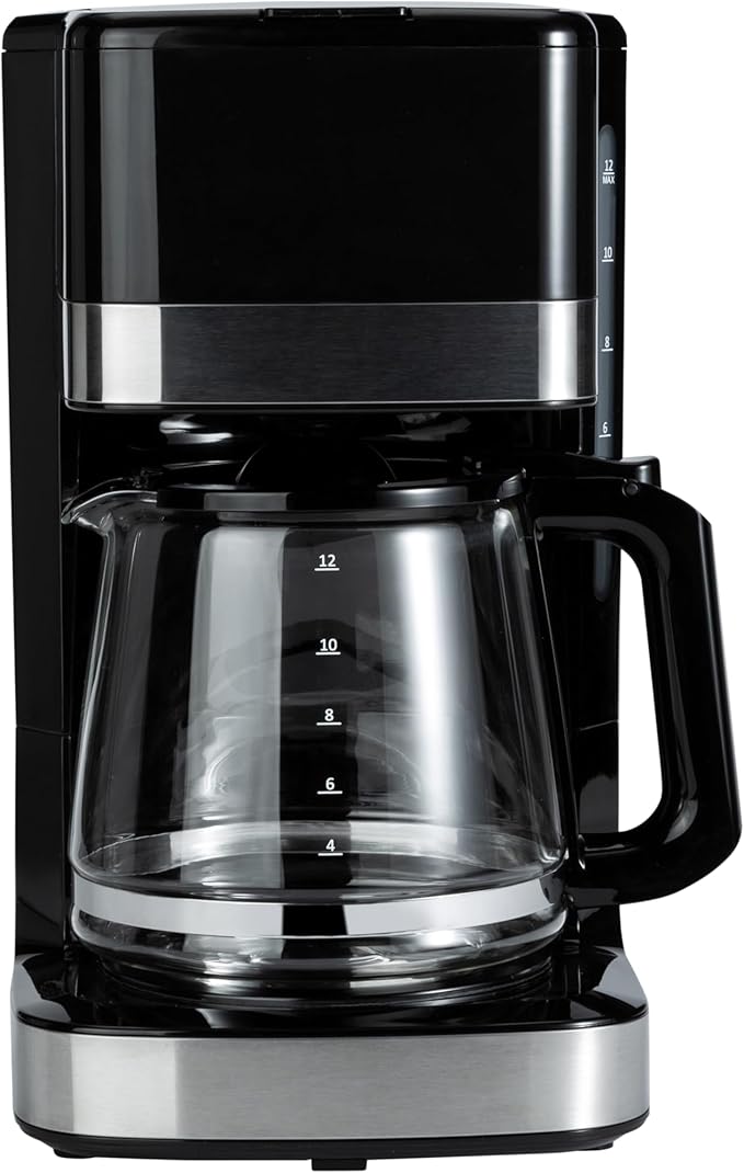Amazon Basics 12 Cup Drip Coffee Maker, Coffee Machine with Glass Coffee Pot (1.9 Qt), Auto Shut-off, Auto Pause, Removable Filter Basket, Black & Silver
