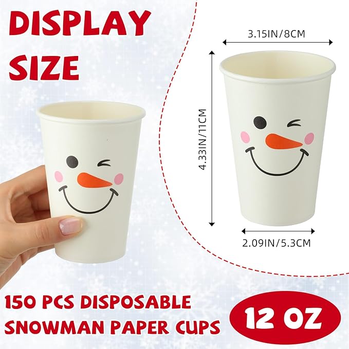150 Sets Christmas Snowman Soup Kits for Classroom Coworker Gift 12 Oz Winter Snowman Paper Cups for Hot Cocoa Chocolate Marshmallow Soup Tags Clear Xmas Bags (Classic)