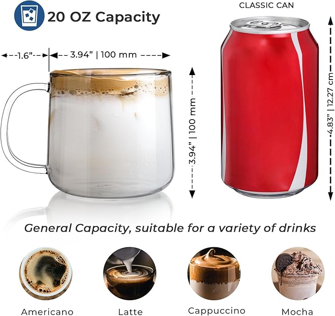 Aquach 20 oz Large Glass Coffee Mugs with Handle Set of 2 - Clear Glass Cups for Latte, Cappuccino, and Tea