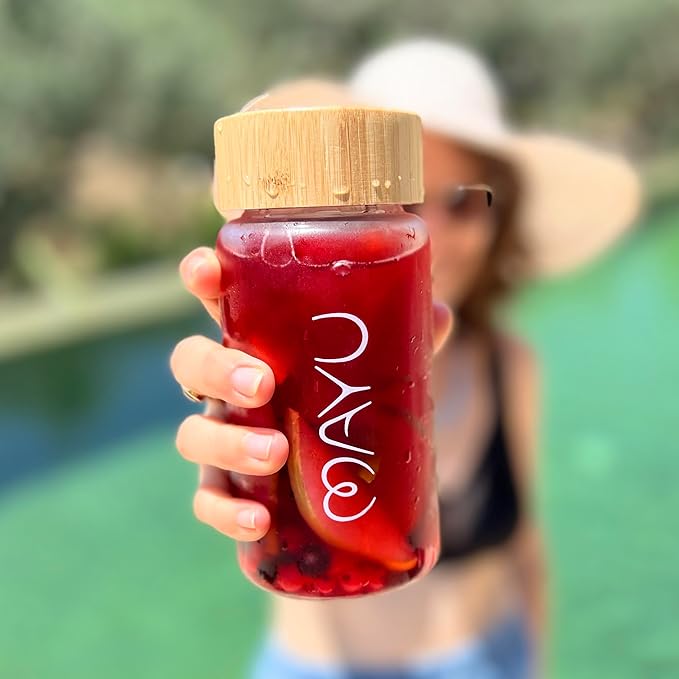 mayu Travel Water Bottle with Bamboo Lid - Borosilicate Glass Eco Friendly BPA Free | Adult and Kids Bottles with Cap - Leak Free Design - Non Toxic Reusable Hydration for Everyday Use | 0.5L, 17OZ