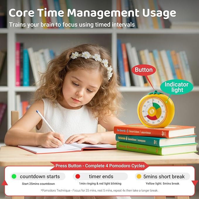 Kids Timer, 60-Min Visual Timer for Kids, Pomodoro Timers for Work, Cooking, Study, School - Magnetic Timers for Classroom Countdown Stopwatch, Perfect Time Management Tools