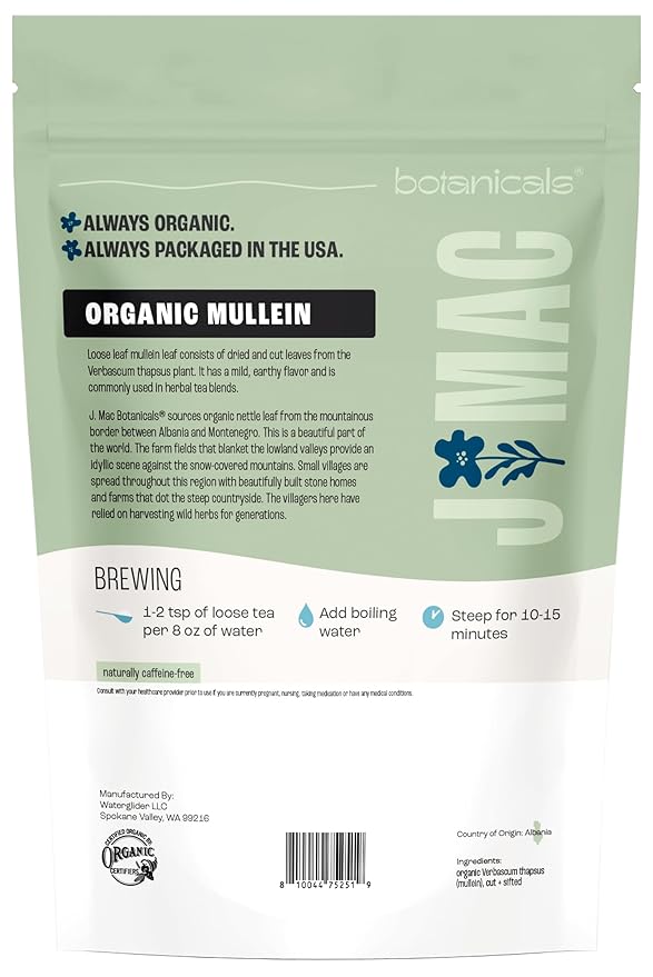 J Mac Botanicals Organic Mullein Leaves (4 oz) Certified USDA Organic. Loose Leaf Mullein Herbal Tea