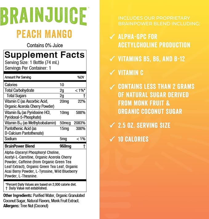 BrainJuice Focus & Energy Drink Shots, Nootropics with Alpha GPC, B Vitamins & Organic Green Tea Caffeine, Supports Focus, Memory & Clarity, Non-GMO, Gluten Free, Peach Mango, 2.5 fl oz, 12 Pack