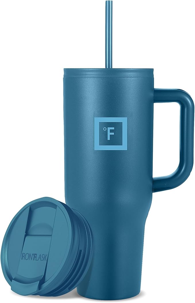 IRON °FLASK Co-Pilot Insulated Mug with Straw & Flip Cap Lids - Cup Holder Bottle for Hot, Cold Drink - Leak-Proof - Water, Coffee Portable Travel Mug - Deep Teal, 40 Oz
