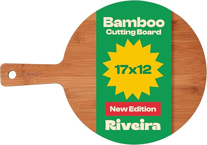 Riveira Brown Bamboo Wood Cutting Board – Gourmet Bamboo Grandeur: 17 x 12 Wooden Cutting Board – Wooden Cutting Boards For Kitchen Decorative – Innovative Juice Grooves Wooden Chopping Board