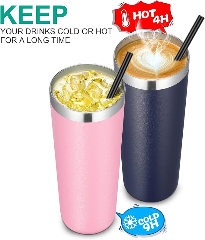 VEGOND Stainless Steel Tumblers Bulk 6 Pack, 20 oz Vacuum Insulated Skinny Tumblers with Lid and Straw, Double Wall Coffee Mug, Travel Water Cup, Navy Blue