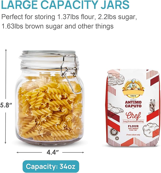 Vtopmart 34oz Glass Food Storage Jars with Airtight Clamp Lids, 3 Pack Kitchen Canisters for Flour, Cereal, Coffee, Pasta and Canning, Square Mason Jar with 8 Chalkboard Labels
