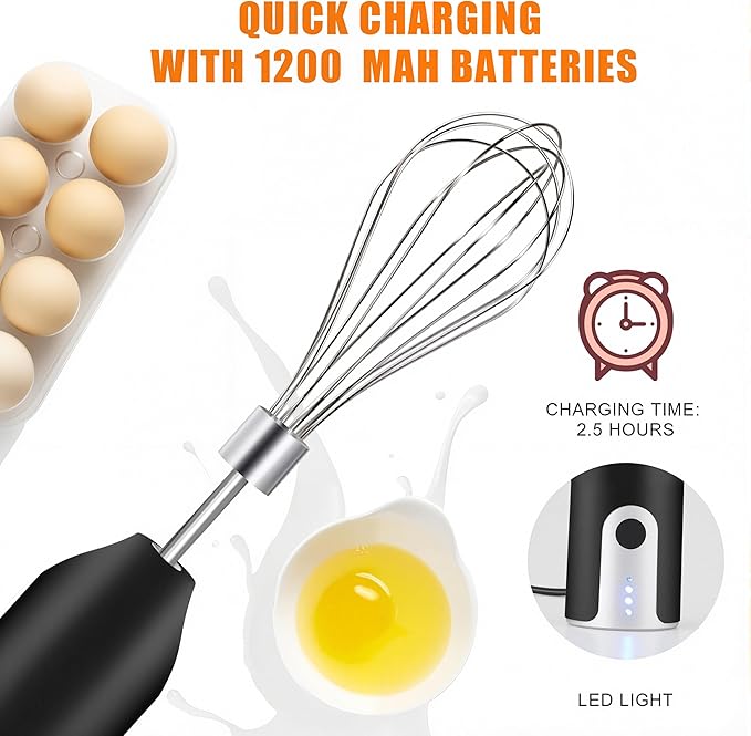 Electric Hand Mixer Whisk| Wireless Rechargeable Handheld Egg Beater with 2 Stainless Steel Mixing Heads | Portable Kitchen Aid Hand Mixer for Egg, Milkshake Cream, Cake, Baking & Cooking-Black