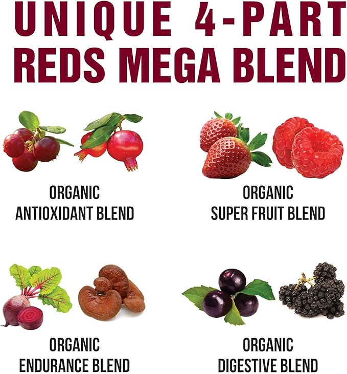 Peak Performance Organic Reds Superfood Powder, Best Tasting Organic Red Juice Super Food w/ 25+ All Natural Ingredients & Polyphenols, Vital for Max Energy and Detox. Raspberry, Elderberry, Beetroot