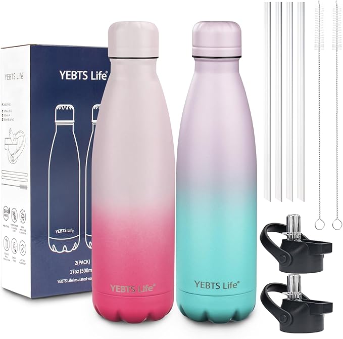 Insulated Water Bottle,2 Pack-17oz Stainless Steel Water Bottles with straw lid,Metal Sports Water Bottles for Boys,Girls,Double Wall Vacuum BPA-Free Flask for Sports (Sunset & Sea)