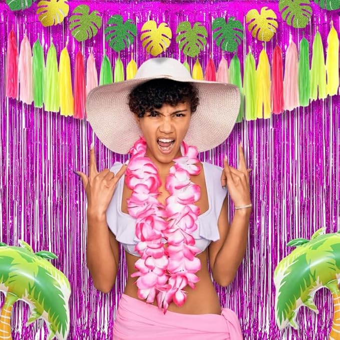 BRAVESHINE Hot Pink Tinsel Foil Fringe Curtains - 2Pcs 3.2x8.2ft Metallic Party Streamers Backdrop for Girl Birthdays Valentines Bridal Shower Bachelorette Hawaiian Luau Theme Party Decorations