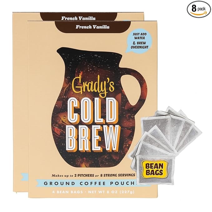 GRADY’S COLD BREW, French Vanilla, 100% Arabica Ground Coffee & Chicory Pouches, TWO Bundles of 4 Easy-to-Brew Bean Bags, Makes 24 drinks