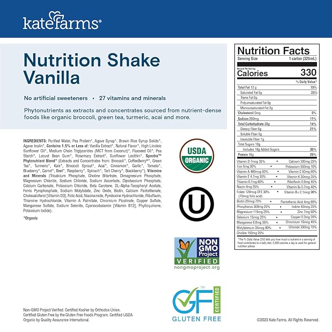 Kate Farms Organic Nutrition Shake, Vanilla, 16g Protein, 27 Vitamins and Minerals, Meal Replacement, 11 oz, 6 Pack