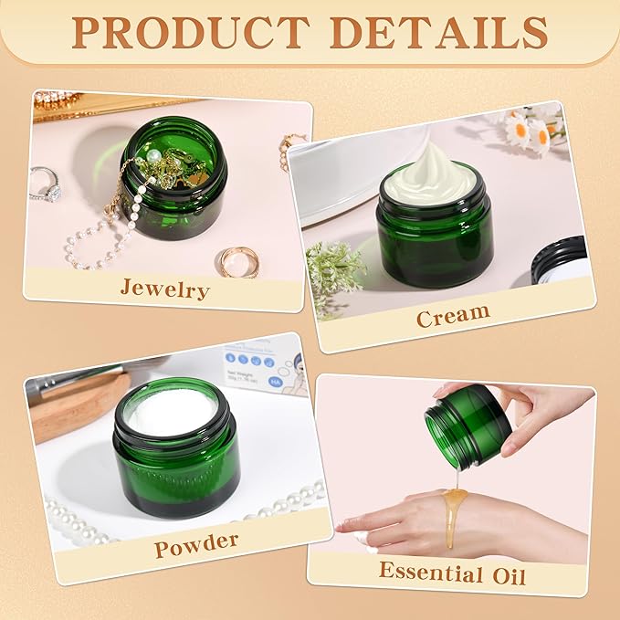 Glass Jars with Lids,Eco-Friendly Cosmetic Containers with Airtight Black Lids & Liners, Multi-Color Options for Cream, Lotion, Body Butter, DIY Skincare Travel Jars (Green, 2oz)