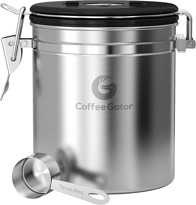 Coffee Gator Coffee Canister, 16oz Airtight Stainless Steel Kitchen Food Storage Container with Date Tracker, Scoop for Sugar,Grounds Coffee, Beans,Tea, Sugar, Cereal, Flour, Cookies Jars - Silver