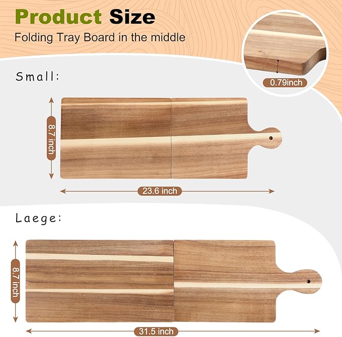 Large Acacia Charcuterie Board Wood Charcuterie Boards with Handles Foldable Travel Wooden Serving Cheese Boards for Party Food Appetizers Housewarming Gift Meat Party(31.5 x 8.7inch)