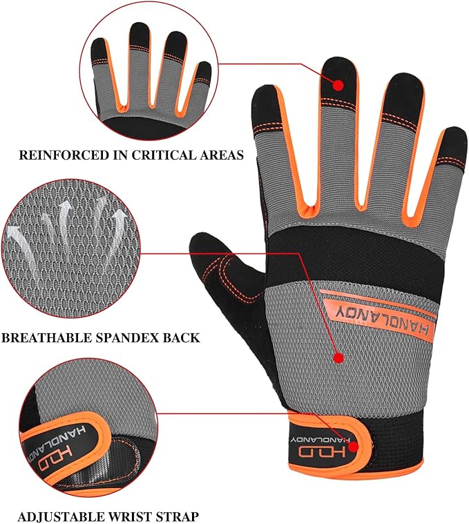 HANDLANDY Work Gloves for Men & Women, Utility Mechanic Working Gloves Touch Screen, Flexible Yard Work Gloves