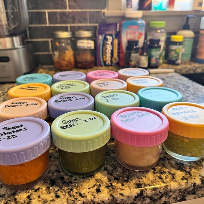 WILLDAN Glass Baby Food Storage Jars w/Lids (4 oz, 12 Pack Set) Snack, Puree, Reusable Small Containers, Breast Milk, Fridge or Freezer, Microwave & Dishwasher Safe, Essential Must Have for Infants