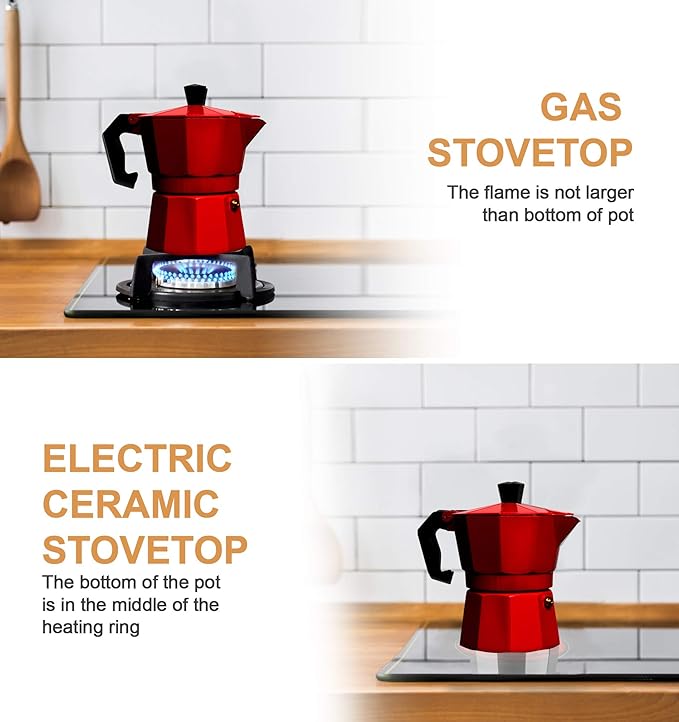 Mixpresso Red 3 Cup Moka Pot Cuban Coffee Maker, Moka Pot for Gas, Electric Stove Top, Classic Italian Coffee Maker, Stovetop Espresso Maker, Camping Pot Makes 3 Espresso Cup 5 Oz - Mug 4.4 Oz