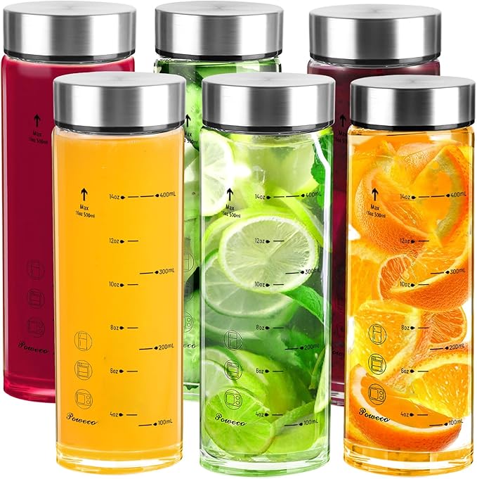 Glass Juice Bottles 6 Pack 16 oz - Wide Mouth Glass Water Bottles with Lids - for Juicing, Protein, Smoothie, Milk, Reusable, BPA Free, Stainless Steel Lids, Blender, Shaker Bottle [16oz/500ml]