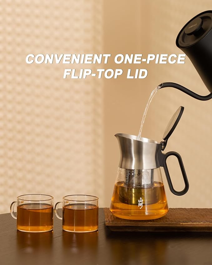 ZENS Design Glass Teapot with Infuser with 2 Cups, 23oz Small Loose Leaf Steeper Pot with Stainless Steel Spout for Hot Tea Diffusers, Oval Handle Clear Tea Infusers Pot for Tea Lovers Gifts