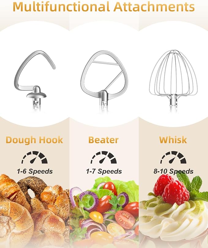 Facelle Tilt-Head Stand Mixer, 5QT+6QT Stainless Steel Two Bowls, 10 Speeds Kitchen Electric Food Mixer with Egg Whisk, Dough Hook, Beater, Dishwasher-Safe Attachment, Ideal Gift for Mom