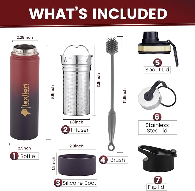 Lexlion 22 Oz Fruit Infuser Water Bottle - Triple Walled Insulated Stainless Steel, Thermal Leaf Infuser, Silicone Sleeve, 3 Leakproof Lids, Metal Mug Gallon