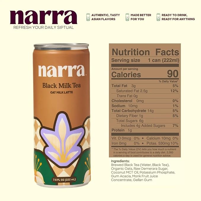 Narra, Oat Milk Tea Latte Variety Pack - Black Tea, Roasted Oolong, Strawberry Matcha, Natural Caffeine & L-Theanine, Organic Oat Milk, MCT Oil, Dairy Free, Non-GMO, 7.5 Fl Oz (6 Pack)