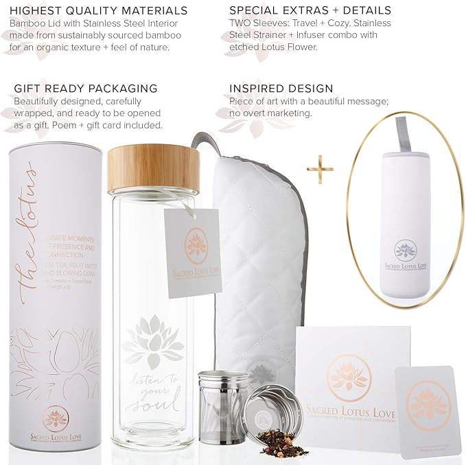 Sacred Lotus Love Double-Walled Glass Tea Tumbler with Infuser and Strainer 15oz - Perfect for Loose Leaf Tea, Cold or Hot Water Bottle, Fruit Drinks - Comes with Travel Sleeve and Cozy