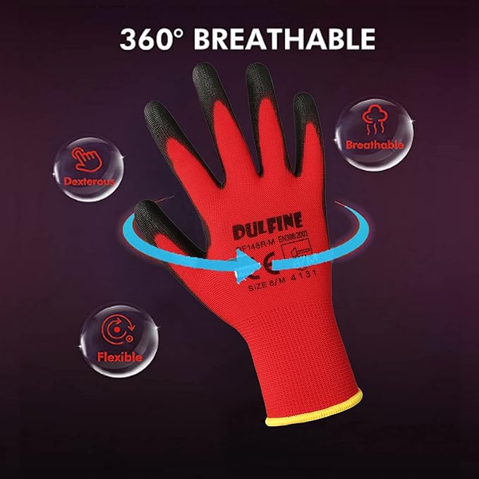 DULFINE Safety Work Gloves PU Coated-60 Pairs,Red Seamless Knit Glove with Polyurethane Coated Smooth Grip on Palm & Fingers, for Men and Women, Ideal for General Duty Work (Extra Large)