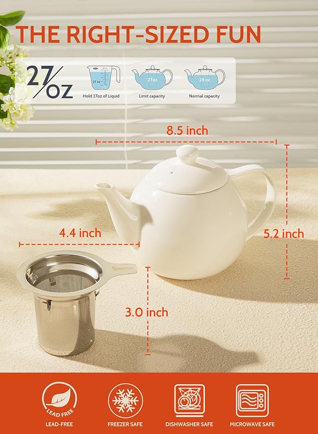Sweese Teapots for Tea, 27 oz Porcelain Tea pot with Removable Stainless Steel Infuser, Tea Pots for Loose Tea - White