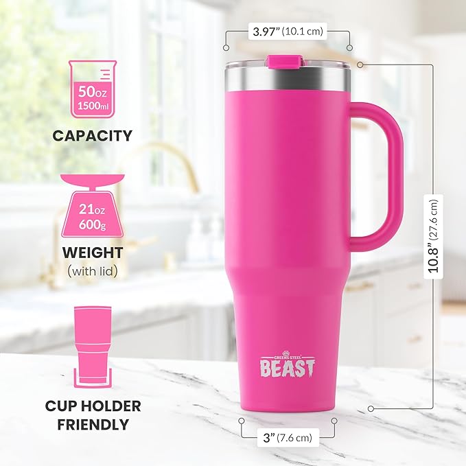 Beast 50 oz Tumbler Stainless Steel Vacuum Insulated Coffee Ice Cup Double Wall Travel Flask (Cupcake Pink)