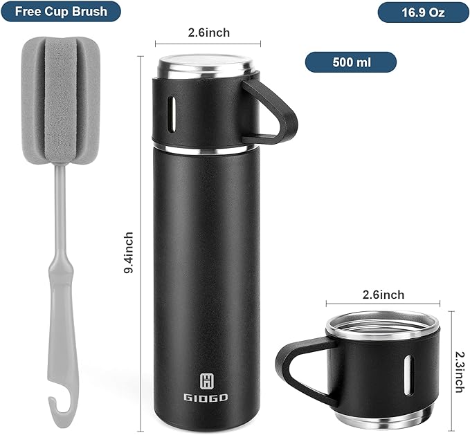 Stainless Steel Thermo 500ml/16.9oz Vacuum Insulated Bottle with Cup for Coffee Hot drink and Cold drink water flask.(Black,Set)