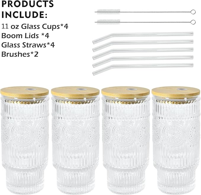 4 Pcs 11 oz Drinking Glasses Cups Set with Bamboo Lids Straws Brush Small Glassware Set for Juice Iced Coffee Cocktail Whiskey(Sunflower*4)