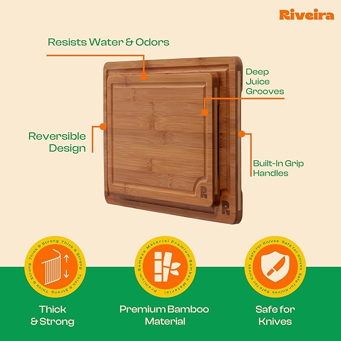 Riveira Brown Bamboo Wood Cutting Board – Versatile And Durable: Set Of 2 Pcs Rectangular Wooden Cutting Board – Natural Wooden Cutting Boards For Kitchen Set – Complete Bamboo Wooden Chopping Board