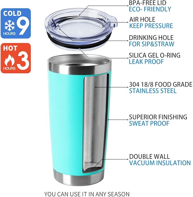 HASLE OUTFITTERS 20oz Tumblers Bulk Stainless Steel Cup with Lid Double Wall Vacuum Insulated Coffee Mug for Cold & Hot Drinks 8 Pack, Light Blue