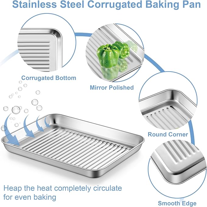 TeamFar 10.5'' Stainless Steel Compact Baking Pan Toaster Oven Tray with Cooling Rack, Corrugated Bottom & Grid Mesh Rack, Non-Toxic & Heavy-Duty