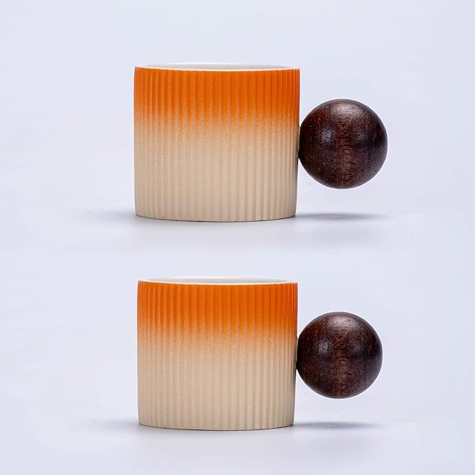 Ceramic Mini Espresso Cups Demitasse Cups with Round Wooden Handle Vertical Stripes Tea Cups (Beige&Orange, 2pcs)