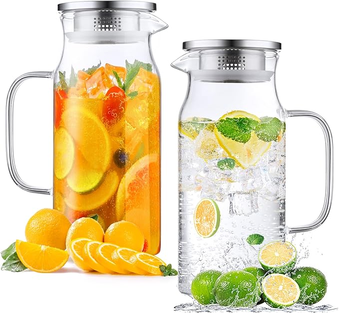 2 Pack 1.2 Liter 40 oz Small Glass Pitcher with Lid and Spout, Glass Carafe Water Pitcher for Hot/Cold Water, Iced Tea, Drinks, Coffee, Juice and Homemade Beverage