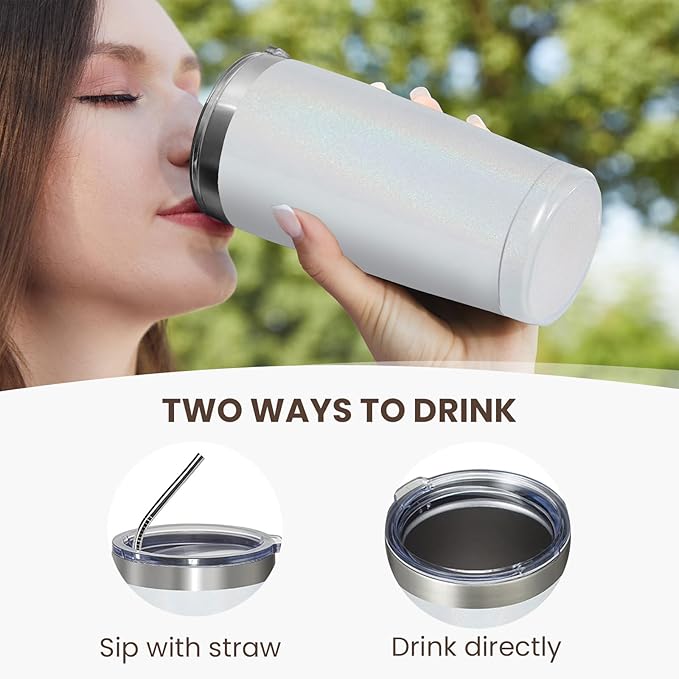 MEWAY 20oz Tumbler Double Wall Vacuum Insulated Travel Glitter Mug,Stainless Steel Tumblers with Lid and Straw, Powder Coated Coffee Cups for Woman (Rainbow White,1)