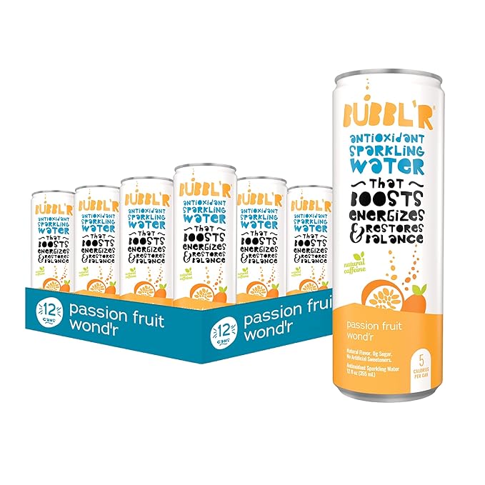 BUBBL'R passion fruit wond'r, Antioxidant Sparkling Water with Natural Caffeine, 0g Sugar, Gluten Free, All Natural Flavors, 12 Fl Oz Cans, 12 Count