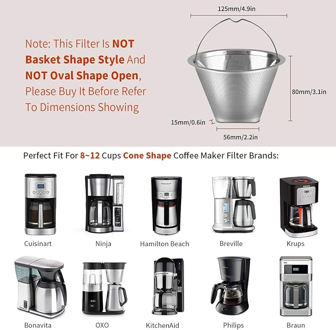 #4 Reusable Permanent Cone Coffee Filters, 8~12 Cup Size 4 Coffee Filters, Perfect Fit for Cuisinart Hamilton Beach Coffee Maker Filter, Replace Cuisinart GTF Gold Tone Coffee Filters