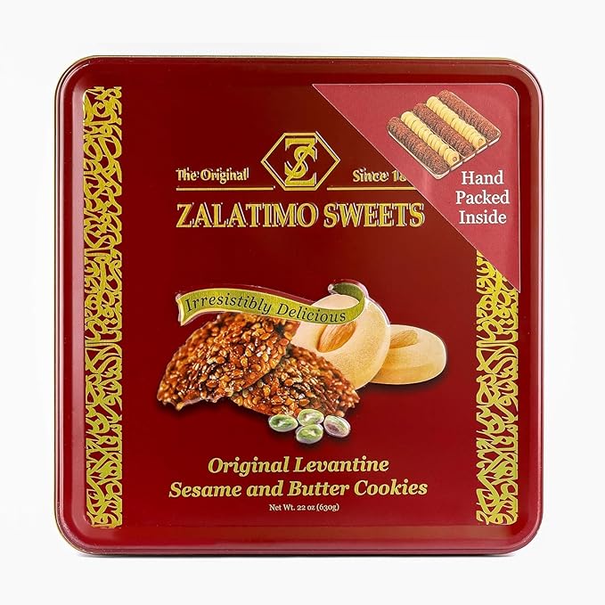 Zalatimo Sweets Since 1860, 100% All Natural Sesame & Butter Shortbread Cookies, Square Metal Gift Tin, Slightly Sweet Cookies with No Preservatives, No Additives, No Corn Starch, No Syrups! 1.4Lbs