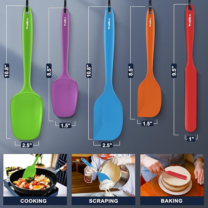 Walfos Silicone Spatula -600°F Heat Resistant Kitchen Scraper Spatulas, Strong Steel Core and One-Pieces Design, for Cooking Mixing Baking - BPA Free and Dishwasher Safe, Multicolor set of 5