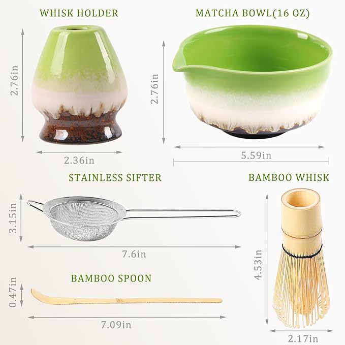 Matcha Set Includes Ceramic Matcha Bowl with Spout, Bamboo Whisk, Matcha Sifter, Matcha Whisk Holder, Bamboo Spoons, 5 Pieces Green Matcha Kit Gift for Tea Lovers