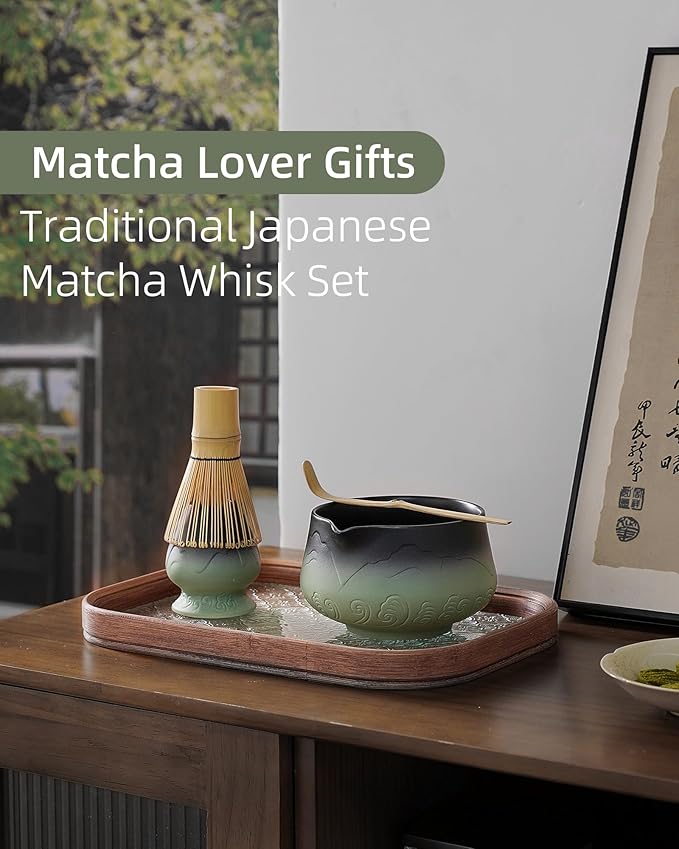 ZENS Matcha Whisk Set, 15oz Ceramic Matcha Set with Bowl and Bamboo Whisk, Scoop, (Chasen Holder) -Tea Towel, 5pcs Matcha Kit for Matcha Lovers, Sage Green